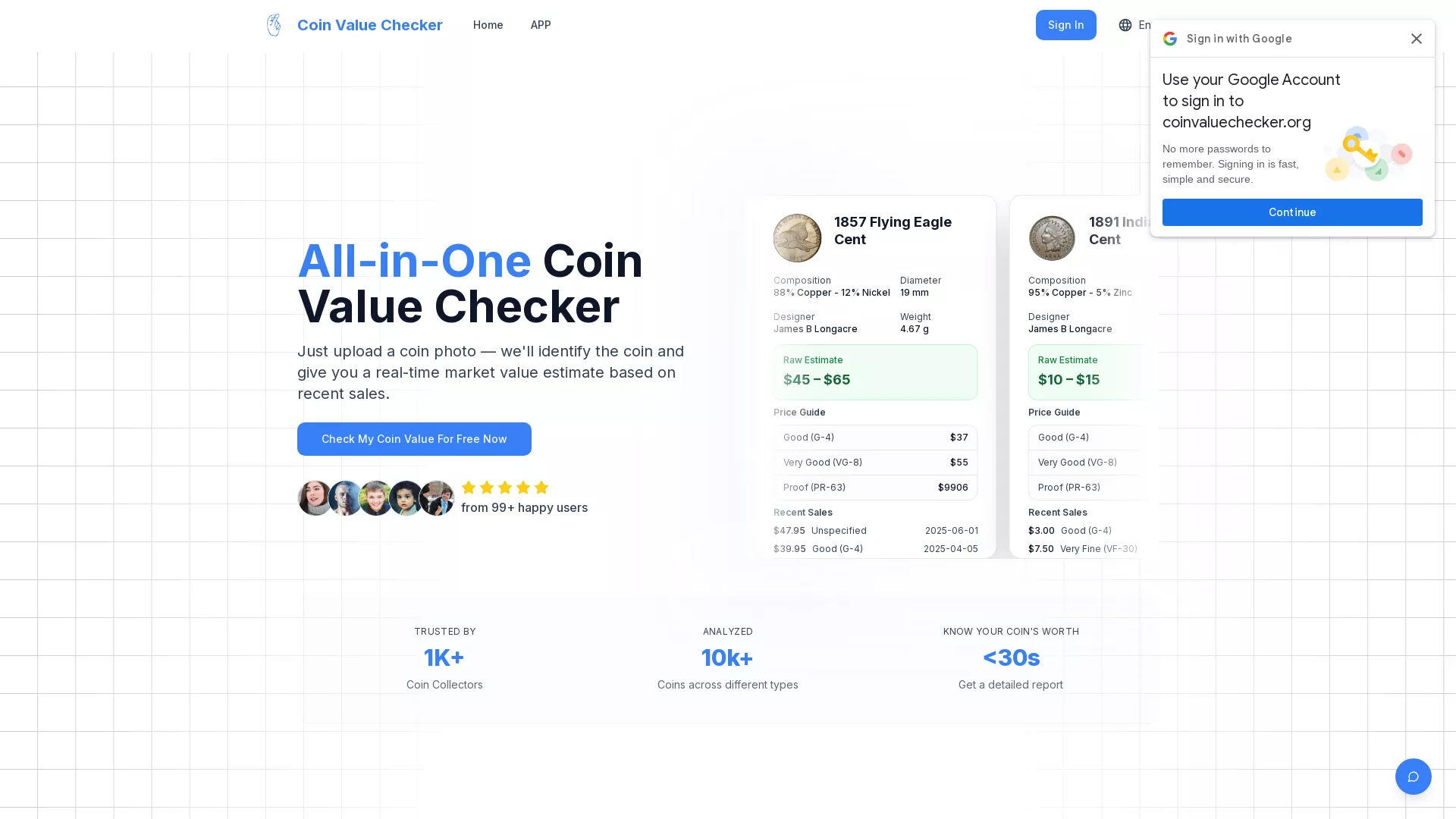 Coin Value Checker - AI-Powered Instant Coin Value Checker Website Screenshot