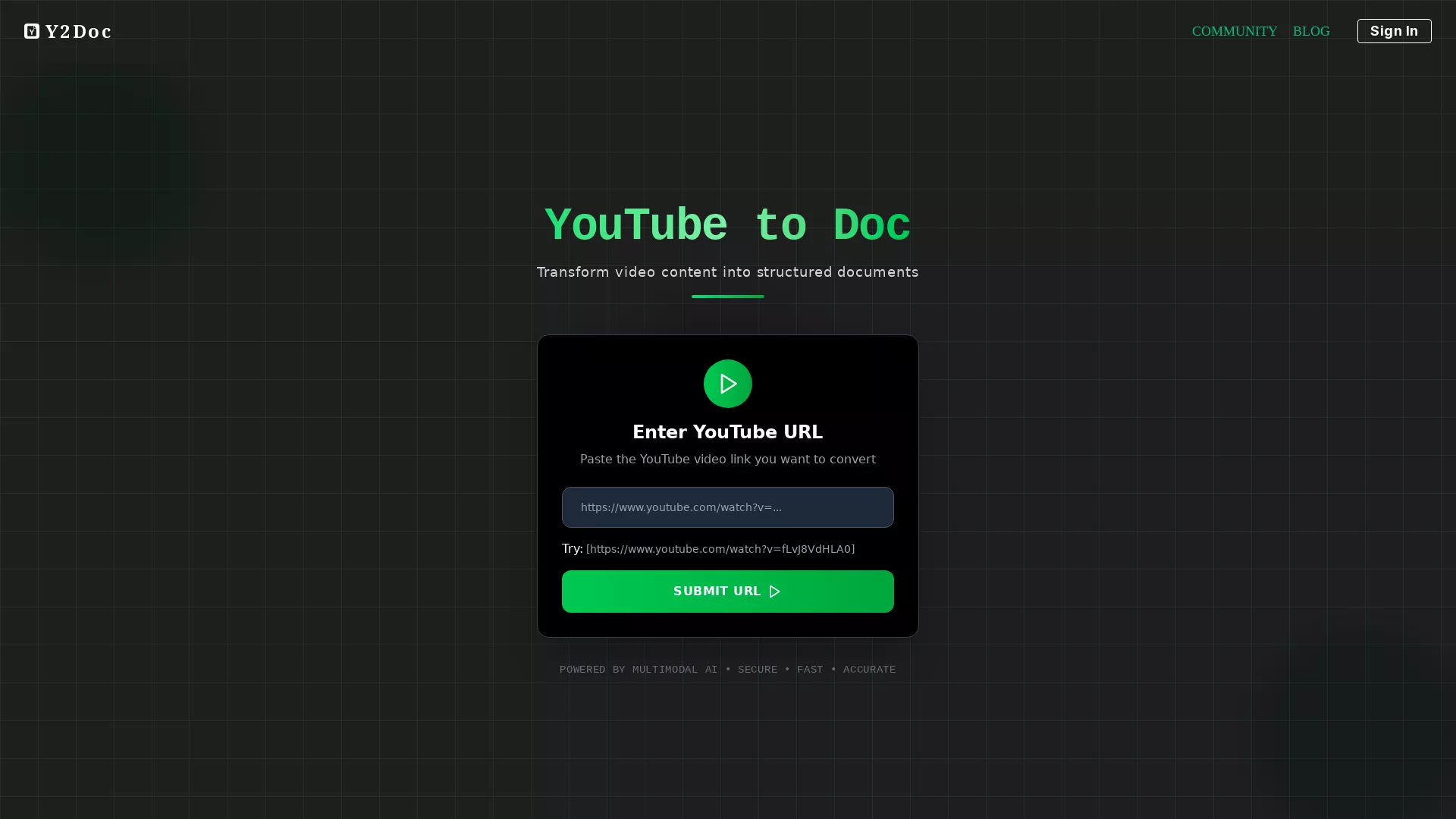 y2doc - AI-powered Video Converter Website Screenshot