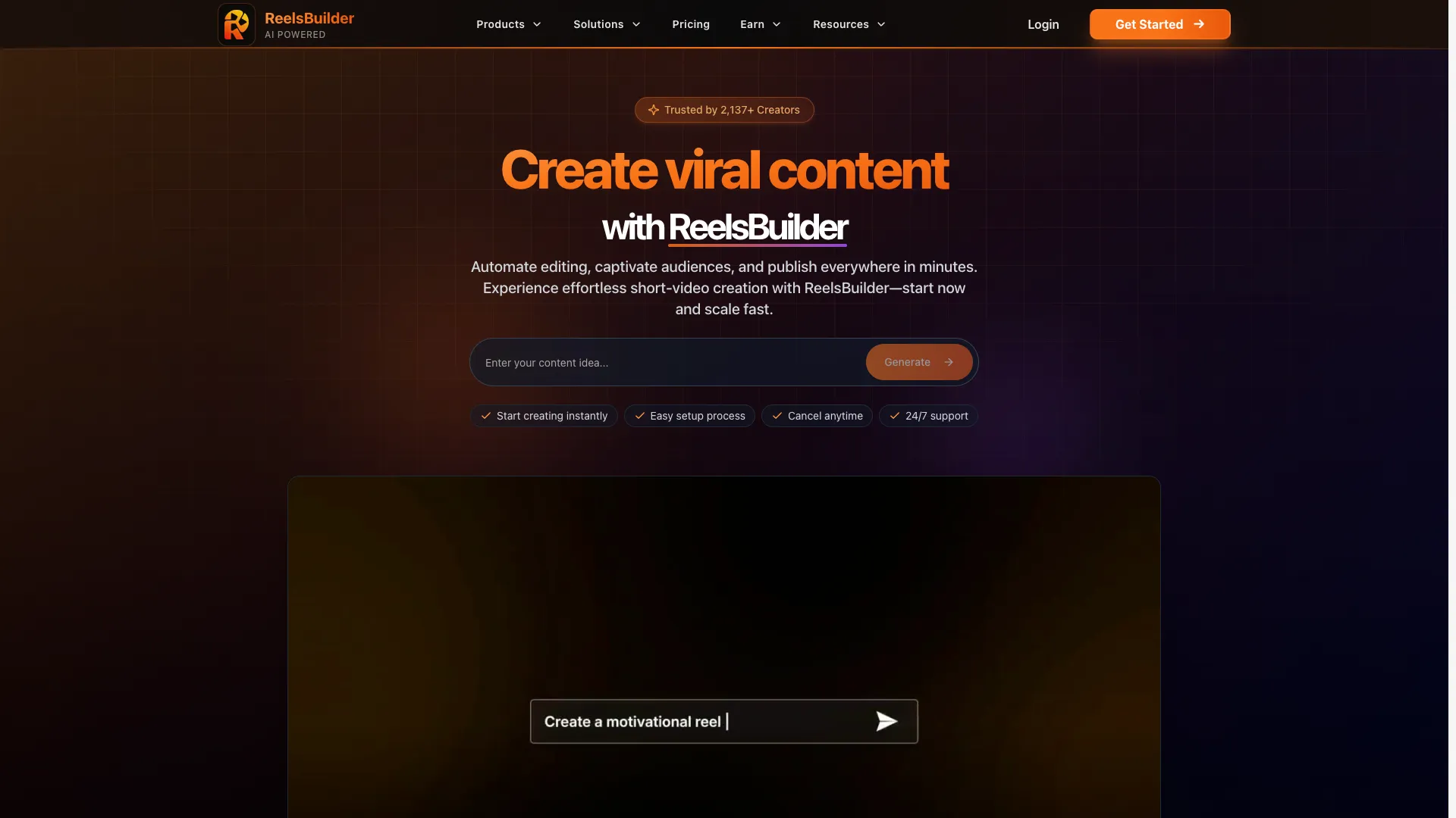 ReelsBuilder AI - AI Short-Form Video Generation Tool Website Screenshot