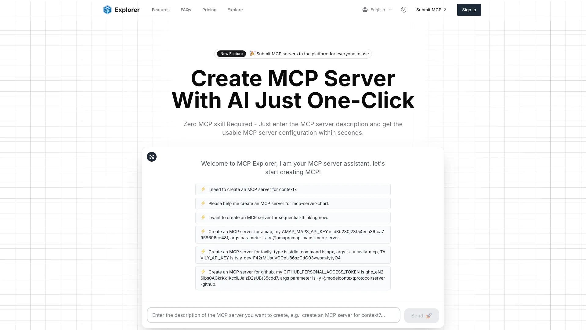 MCP Explorer - MCP One-Click Creation Tool Website Screenshot