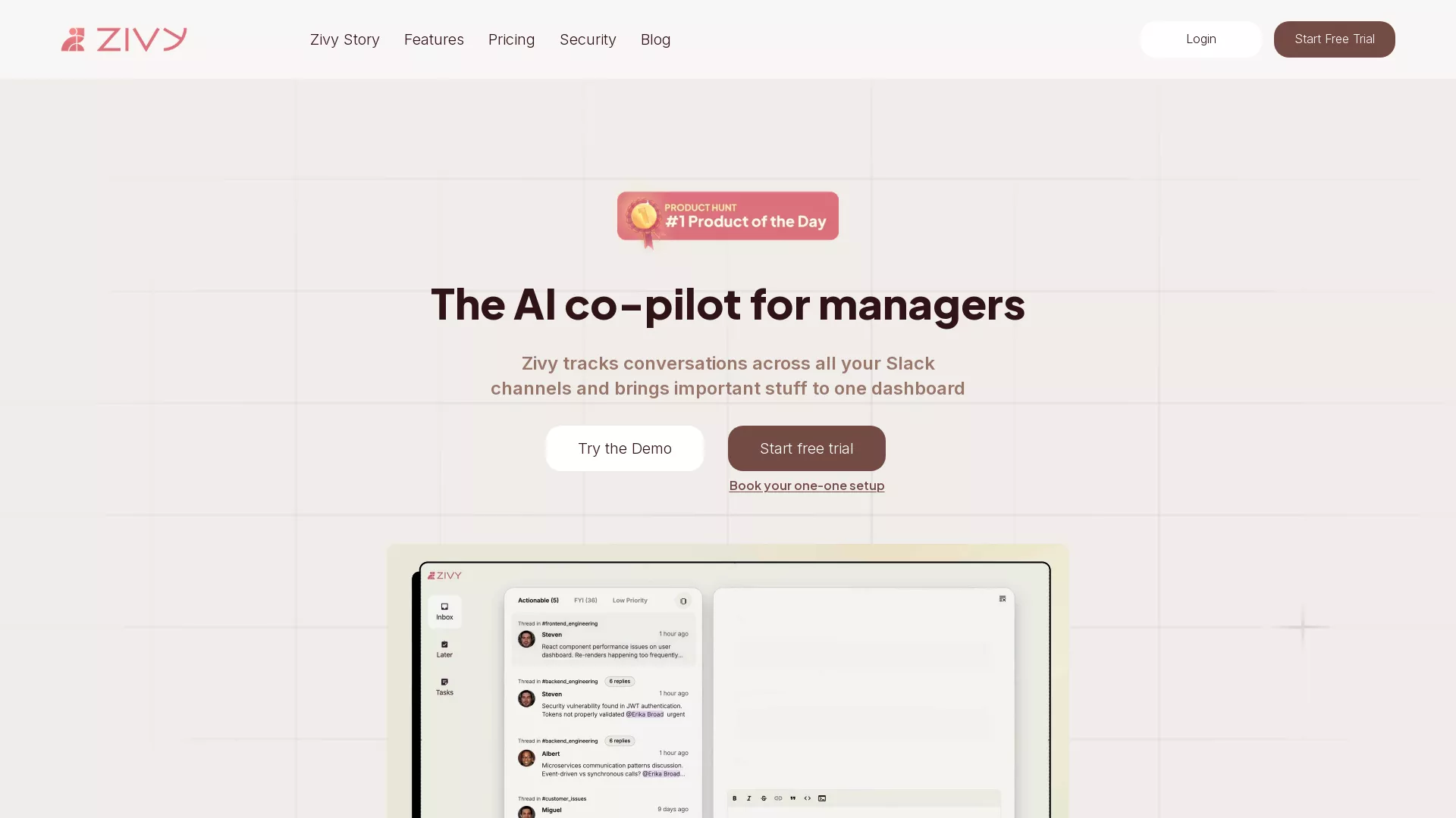 Zivy - AI Slack Management Tool Website Screenshot
