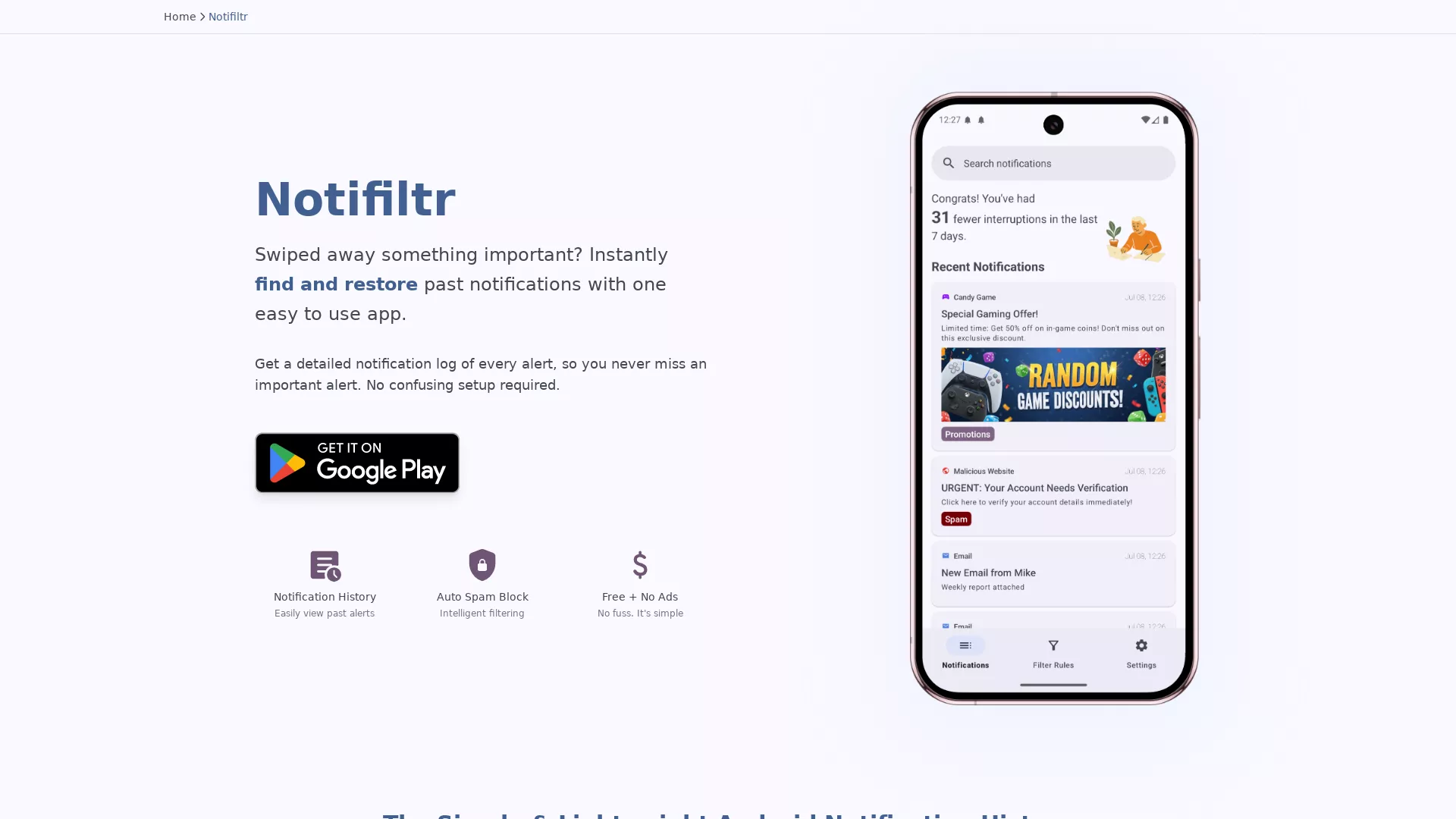 Notifiltr - AI Block notification spam Website Screenshot
