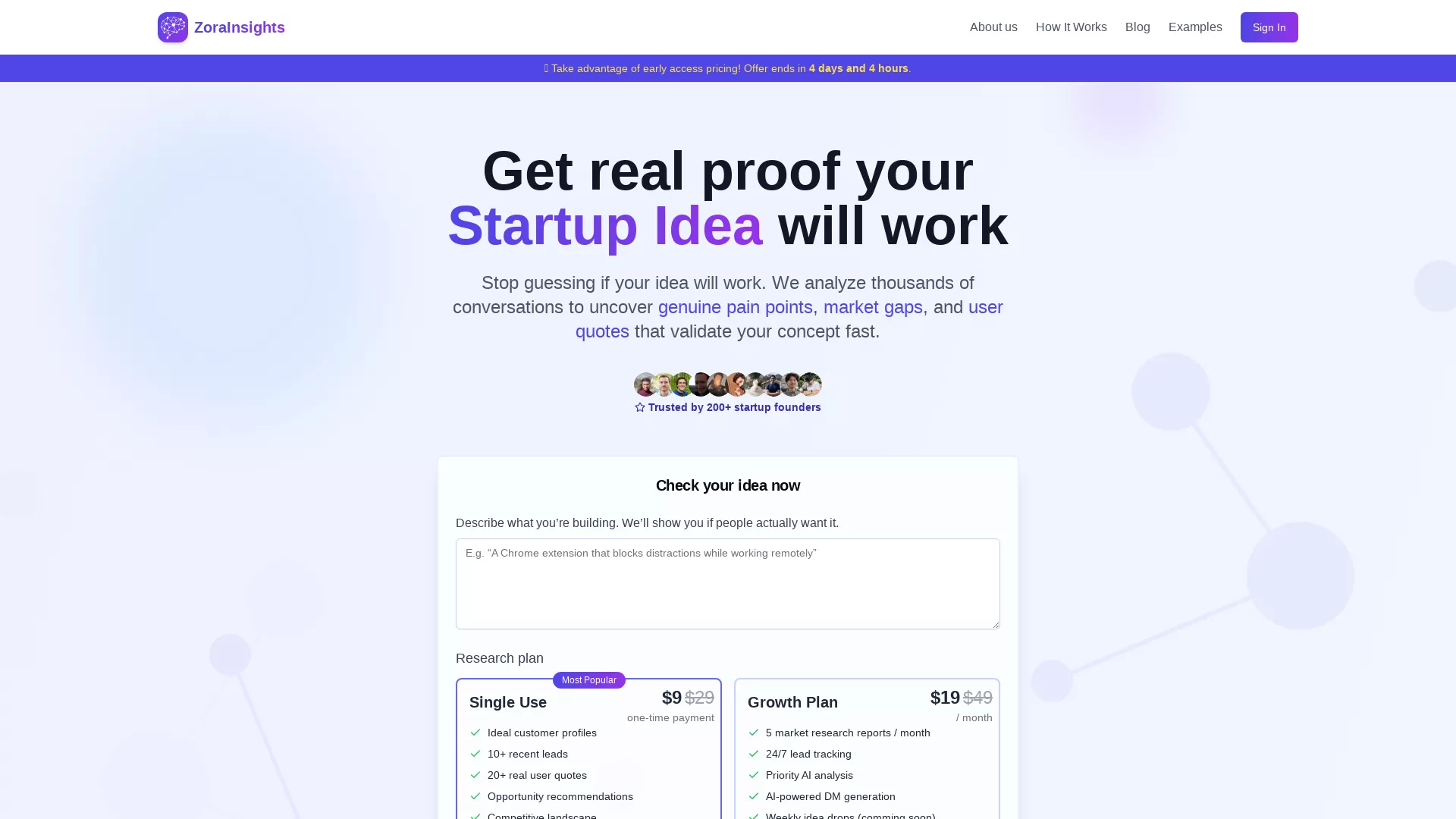 ZoraInsights - AI Idea Validation Website Screenshot