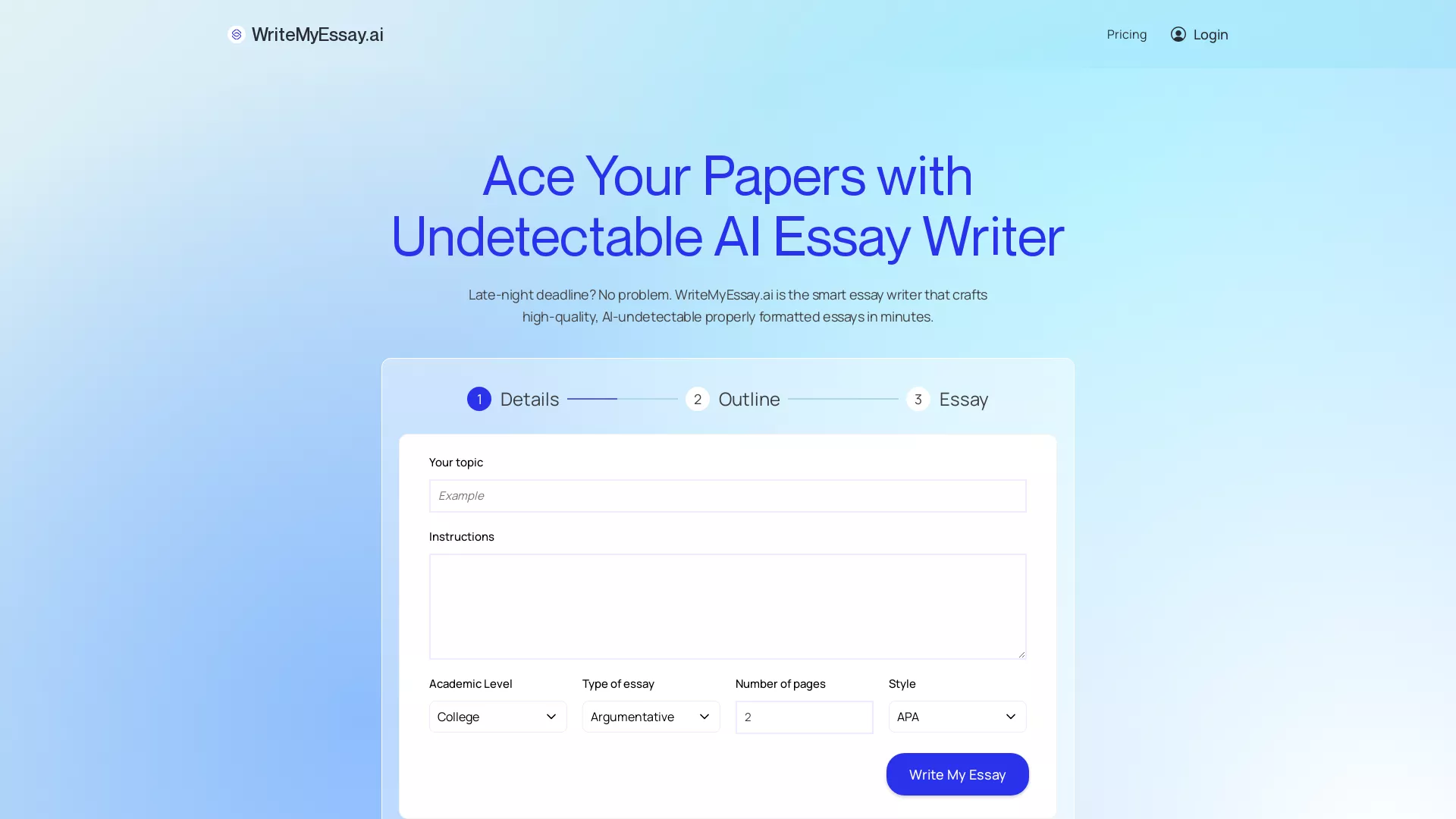 WriteMyEssayAI - AI Essay Writing Tool Website Screenshot