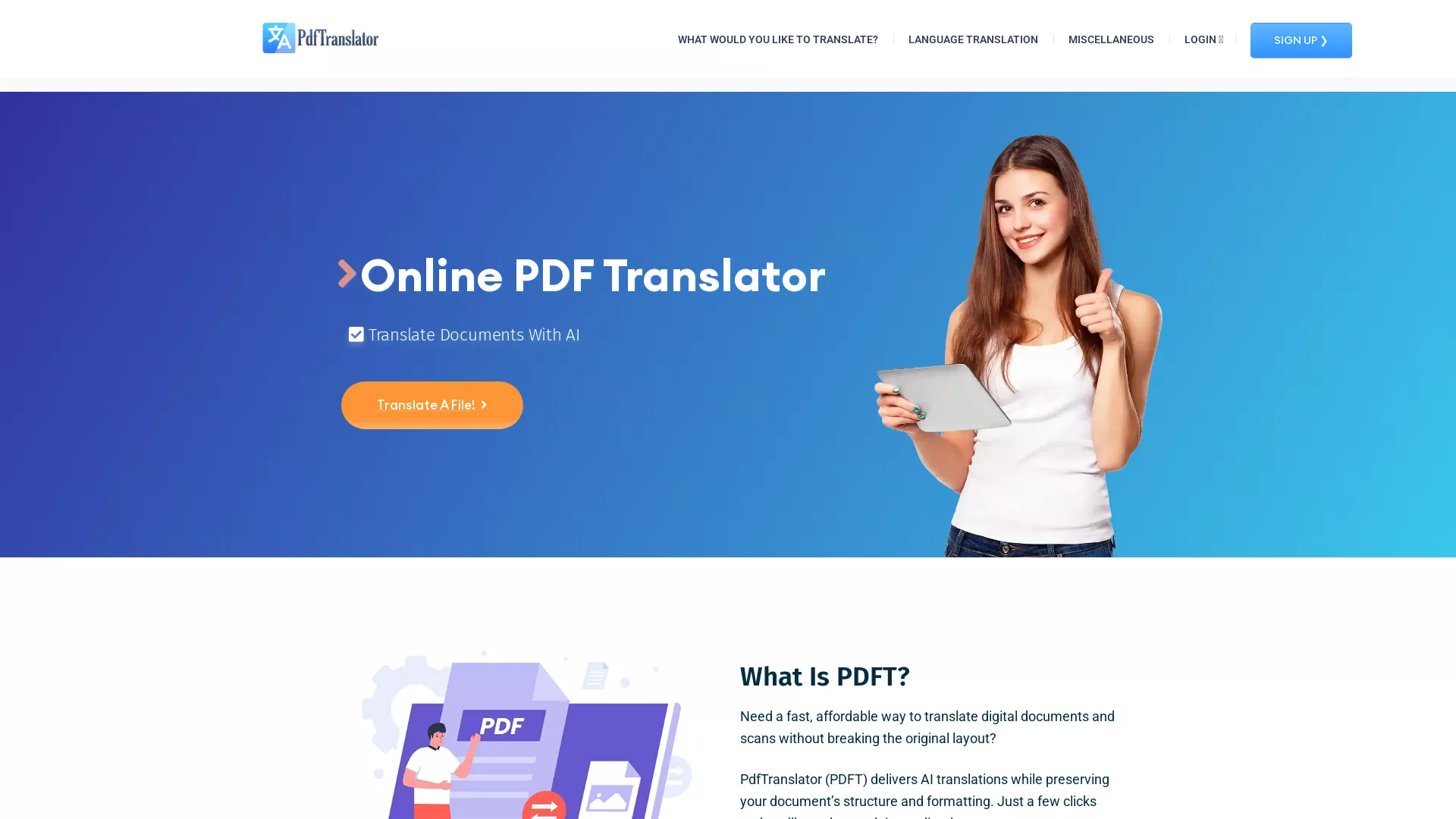 PDFT.AI - AI Document Translation Tool Website Screenshot