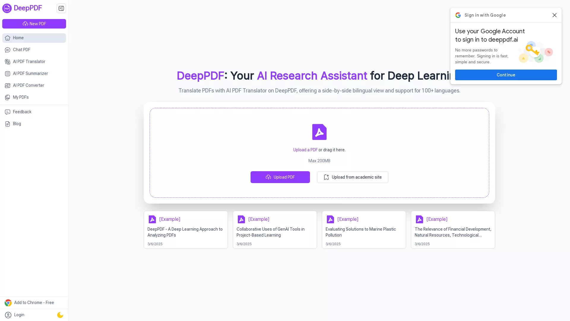 DeepPDF - AI PDF Translator Website Screenshot