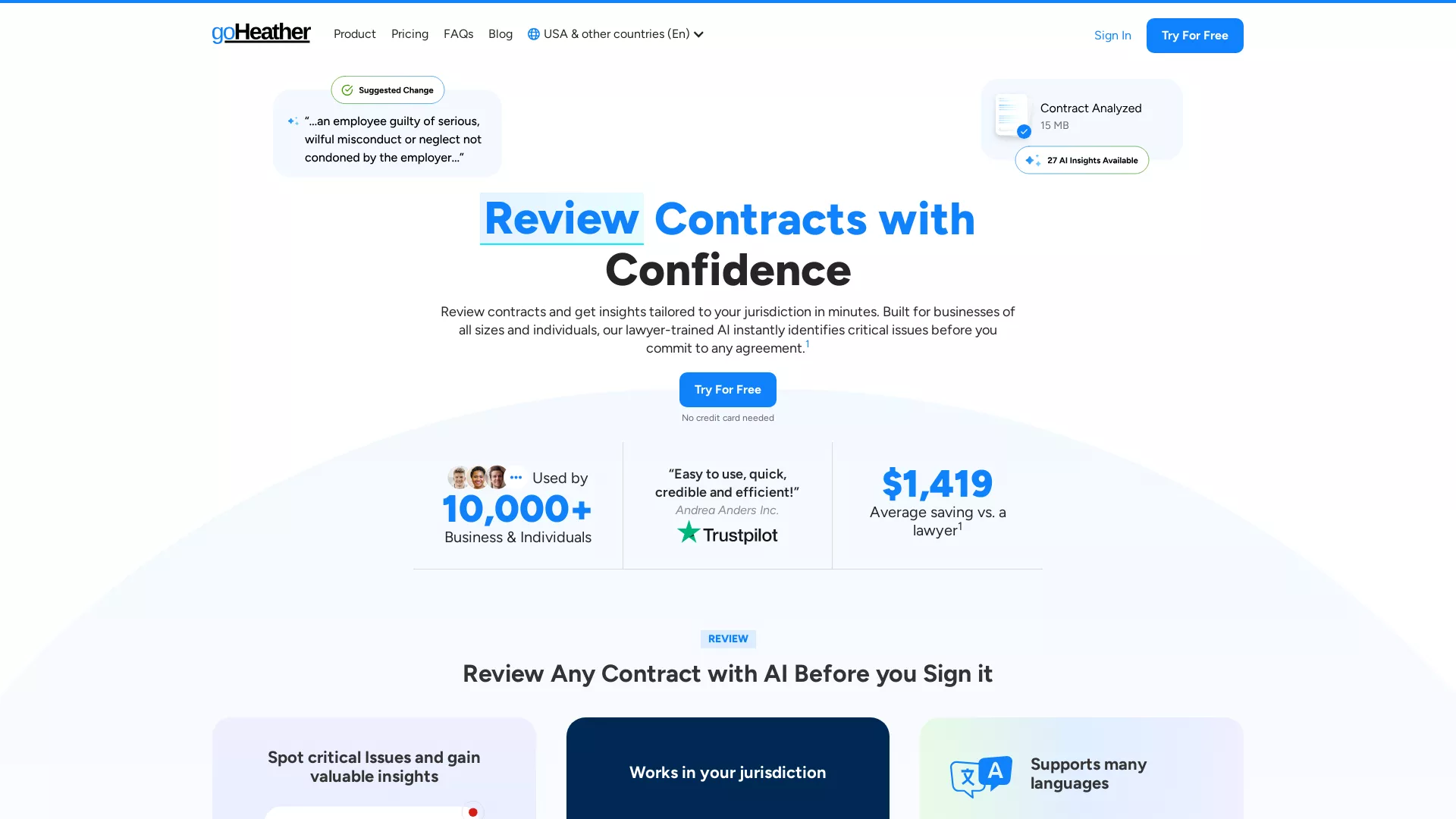 goHeather - Ai Contract Review Tool Website Screenshot
