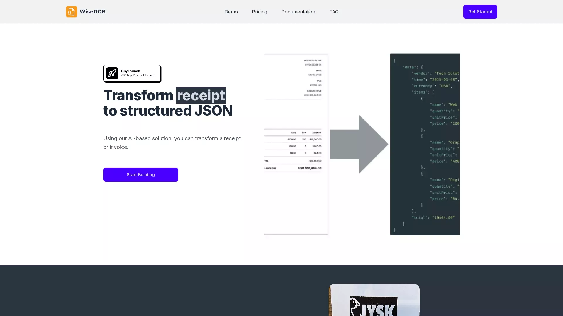 WiseOCR - AI Invoice Receipt to JSON Tool Website Screenshot