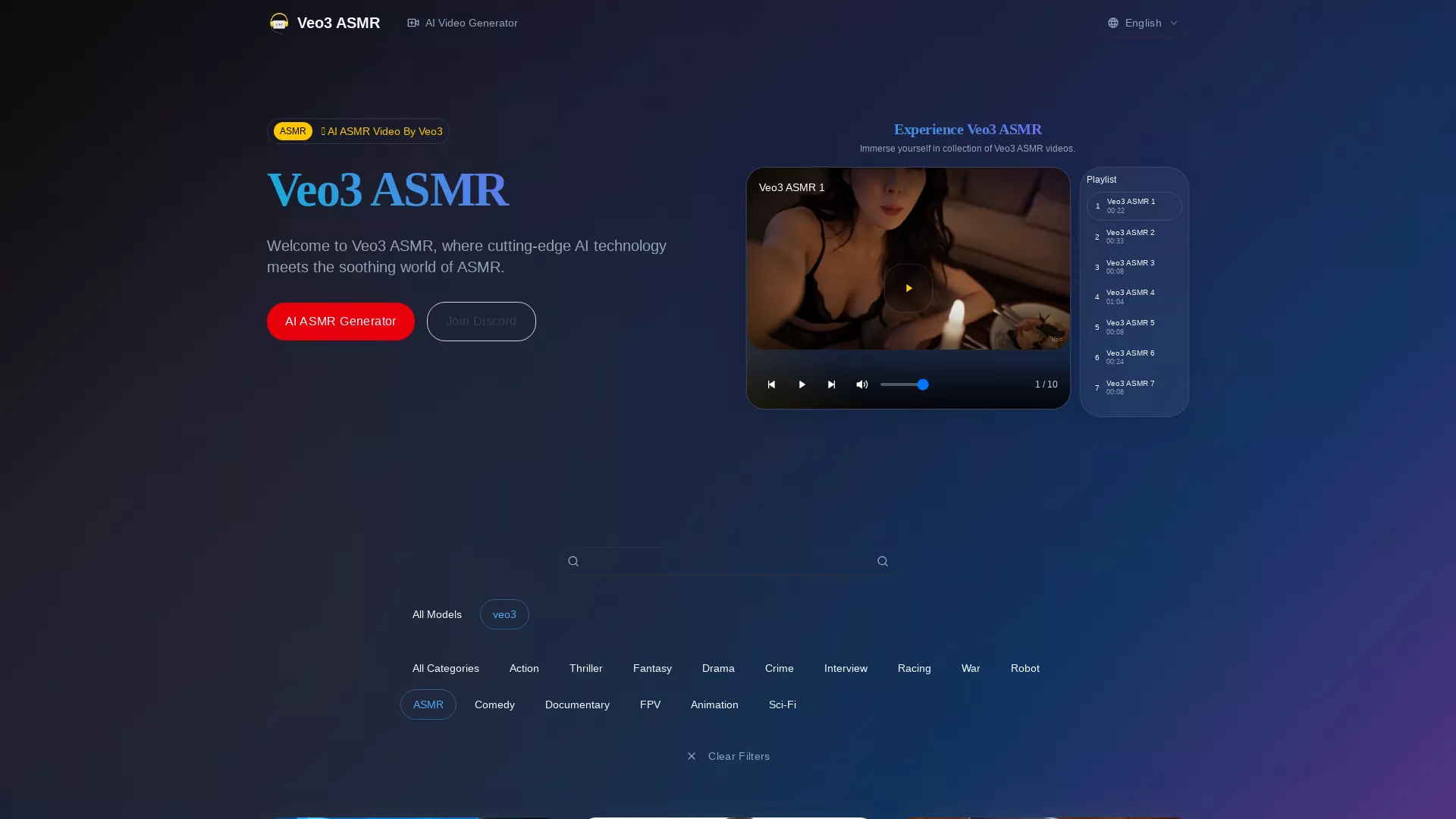 Veo3 ASMR - AI Text to Video Tool Website Screenshot