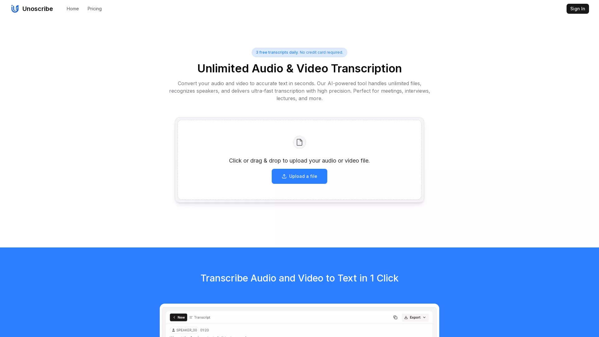 Unoscribe - AI Audio Video Transcription Website Screenshot
