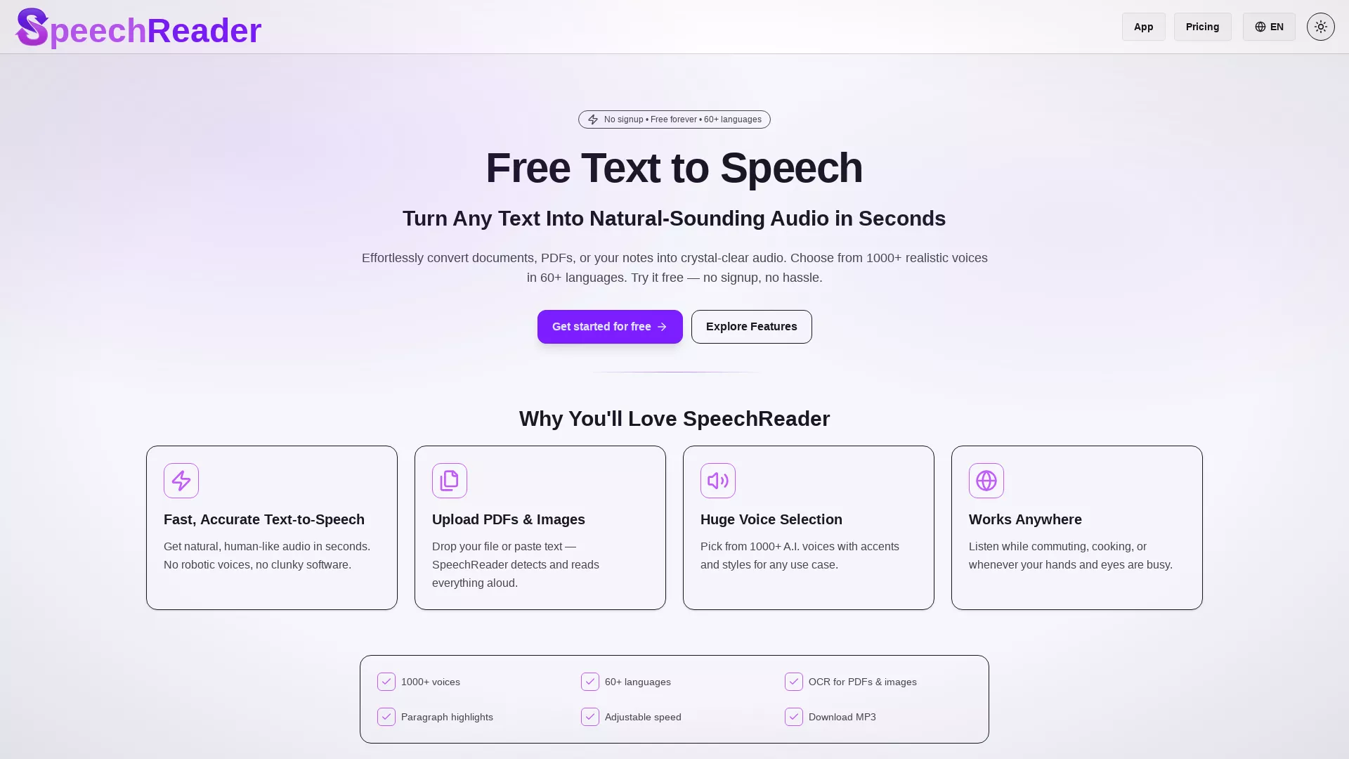 SpeechReader - AI Text to Speech Website Screenshot