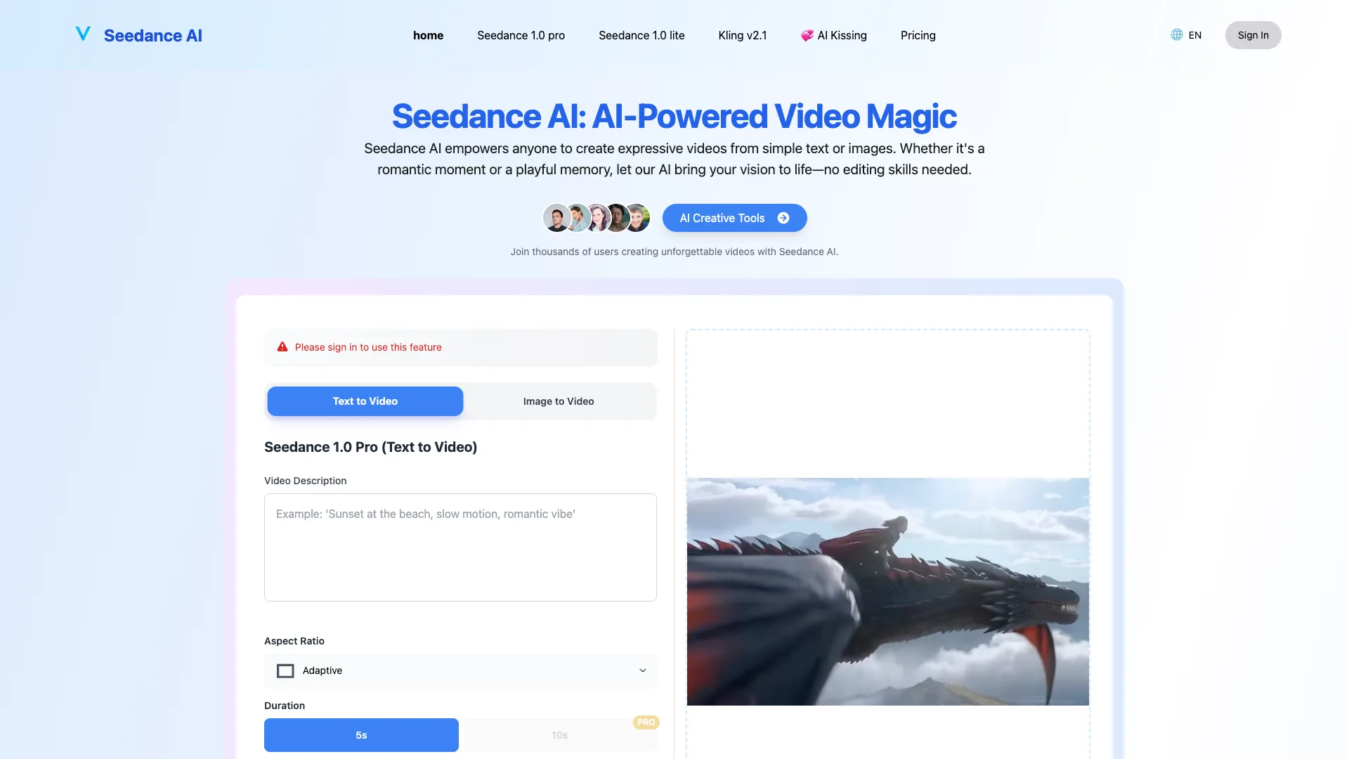 Seedance AI - AI Video Generation Website Screenshot