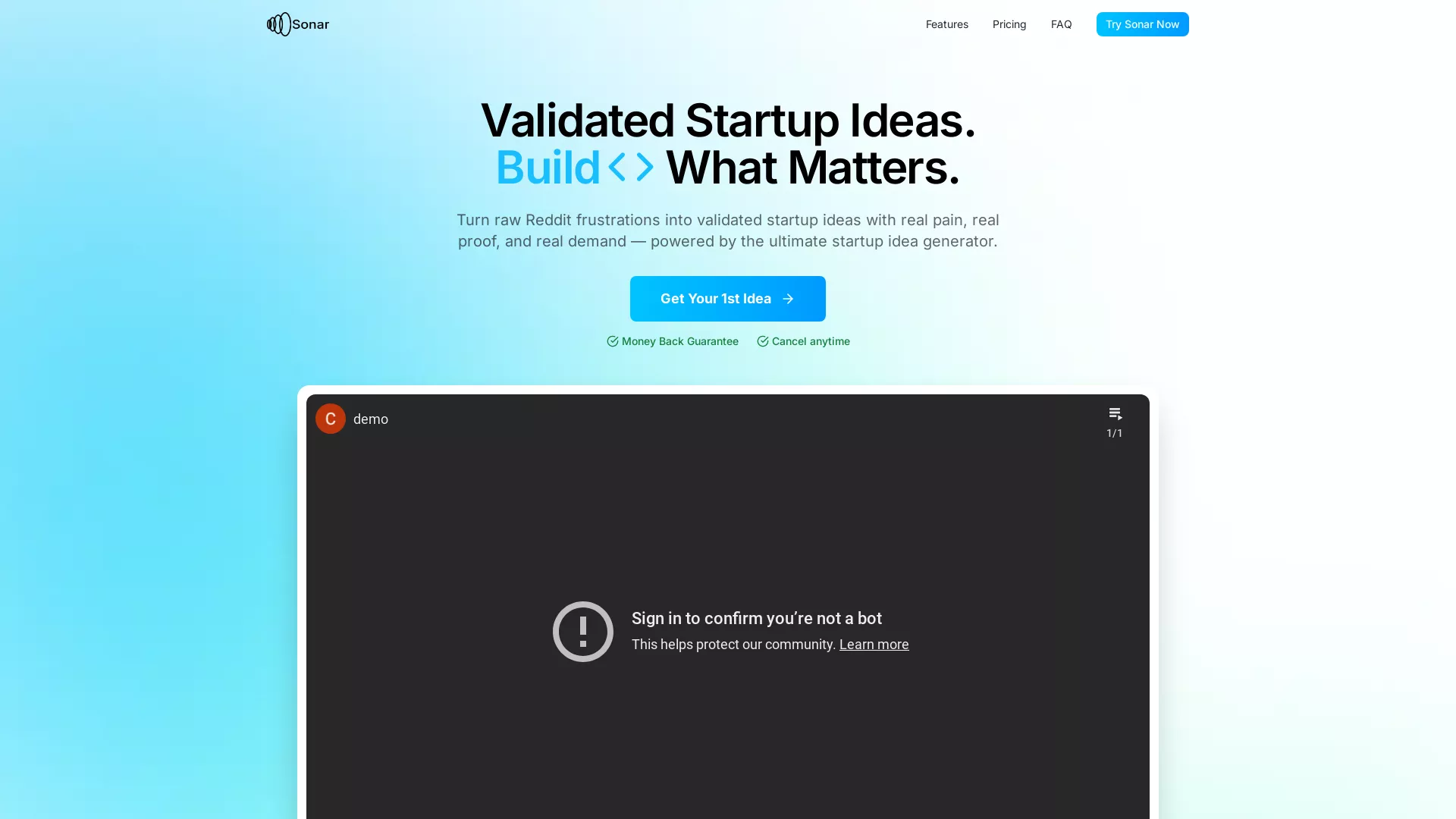 Sonar - AI Business Idea Generator Website Screenshot