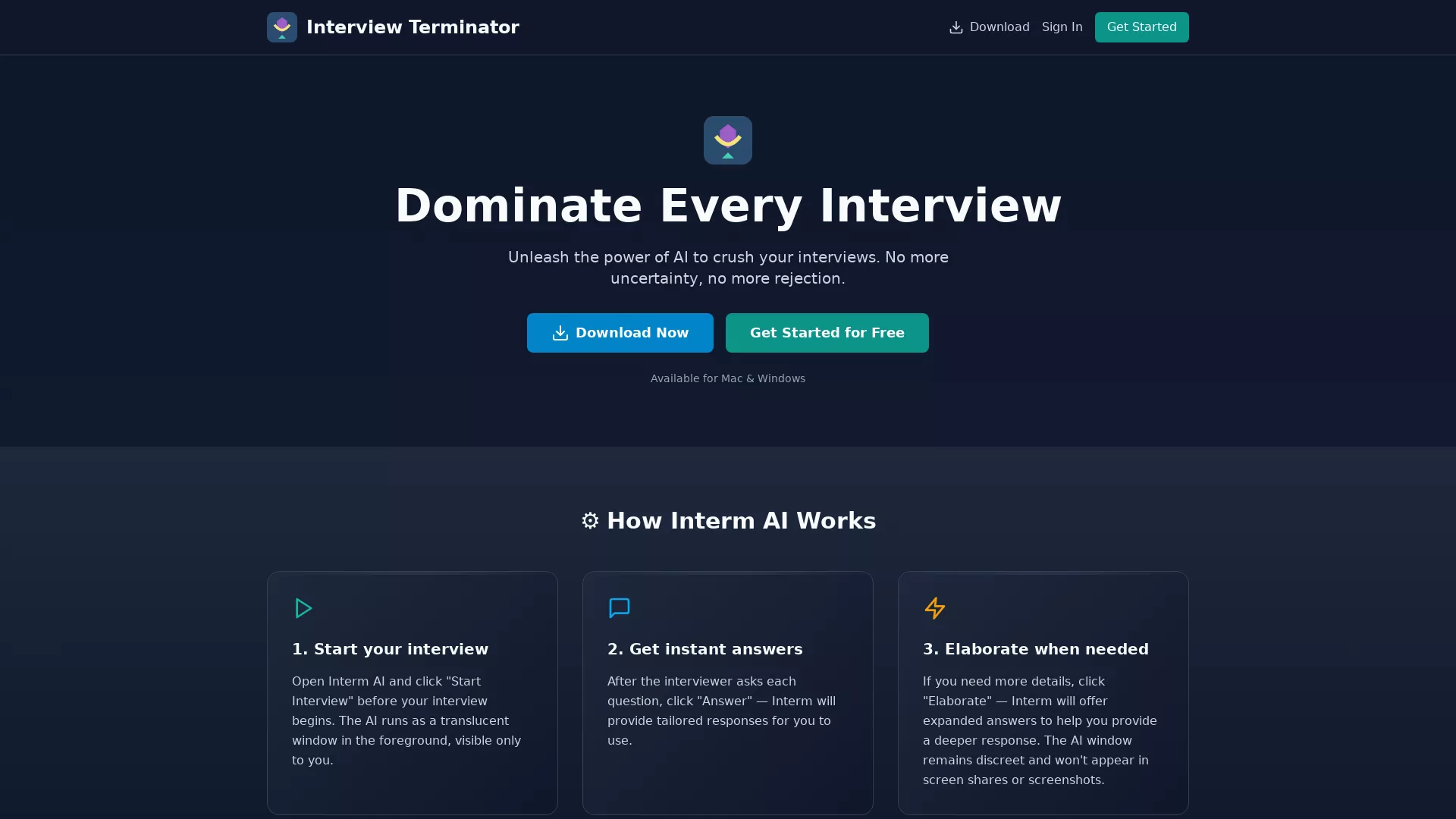 Interview Terminator - AI Interview Coaching Website Screenshot