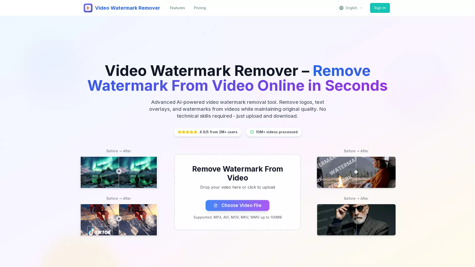Video Watermark Remover AI - Video Watermark Removal Tool Website Screenshot