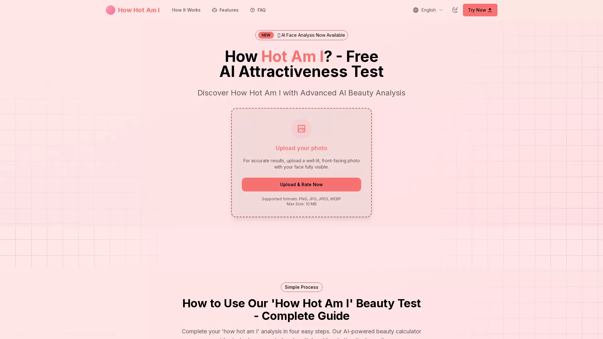 How Hot Am I - Facial Beauty AI Rating Website Screenshot