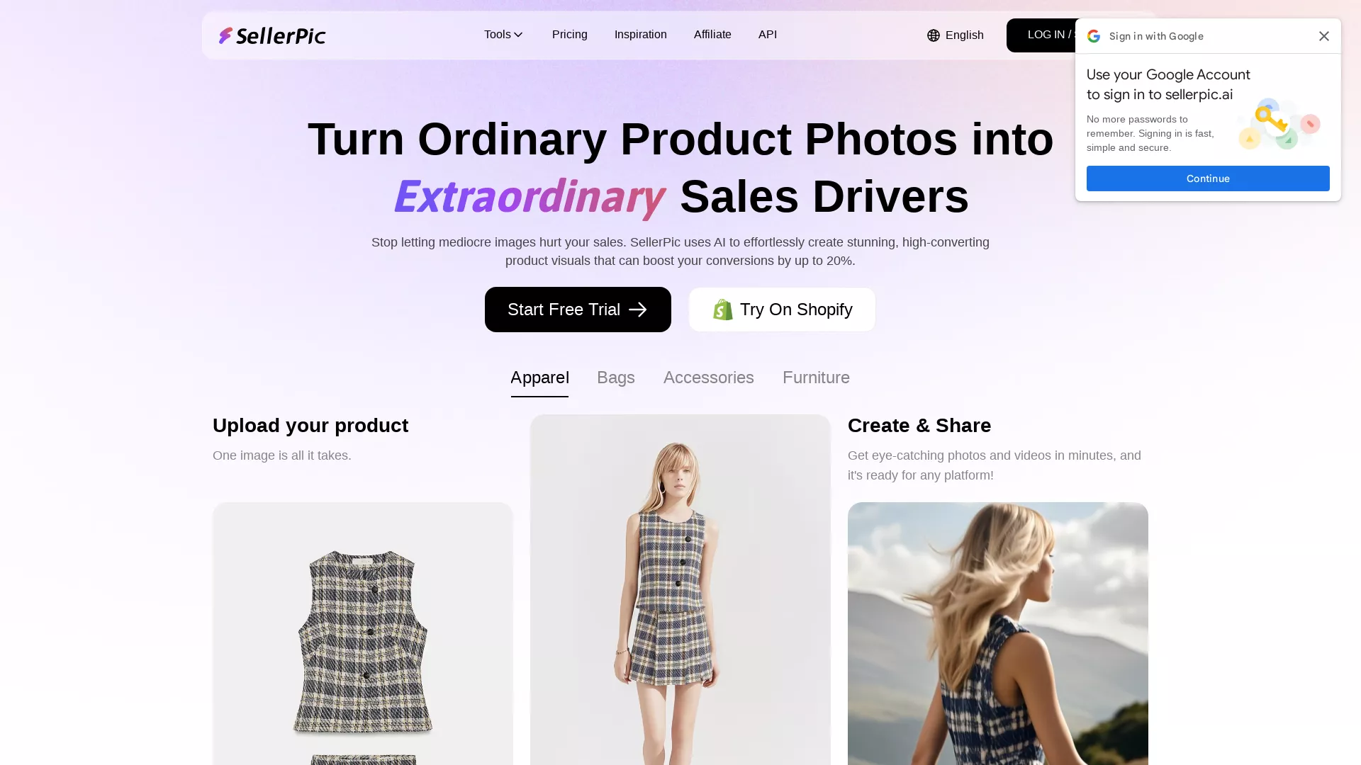 SellerPic - AI Product Photography Website Screenshot