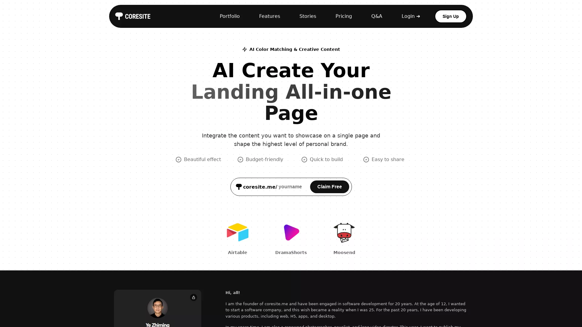 Coresite - AI Personal Landing Page Website Screenshot