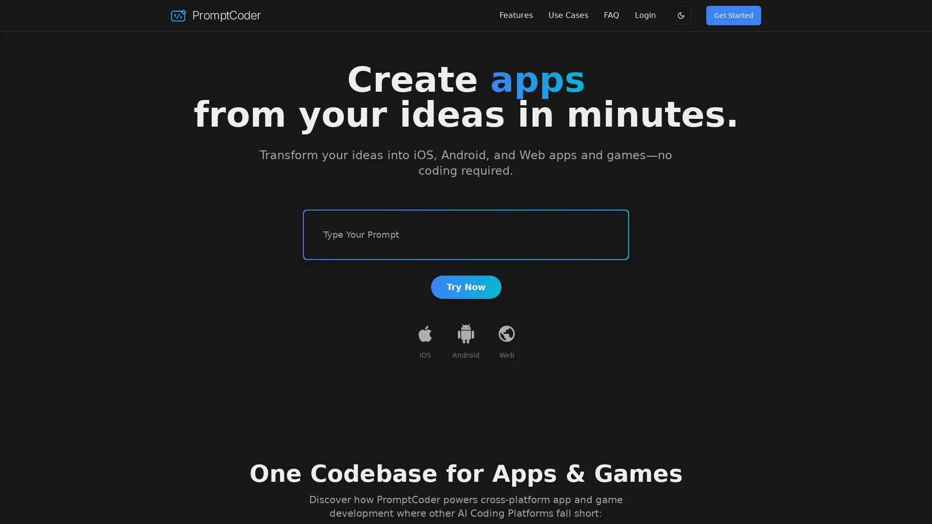 Prompt Coder - AI Cross Platform App Builder Website Screenshot
