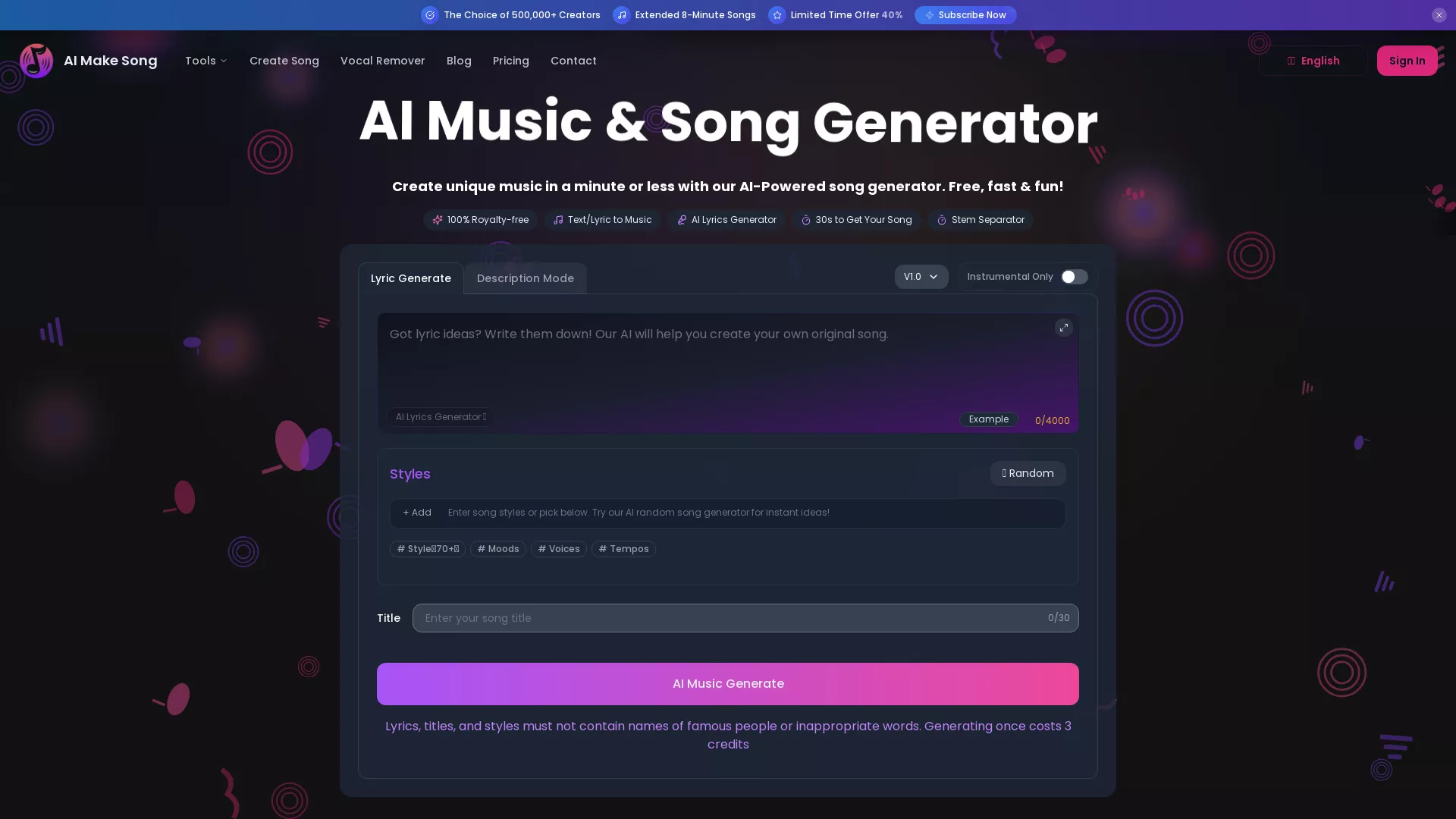 AiMakeSong - AI Music Creation Tool Website Screenshot