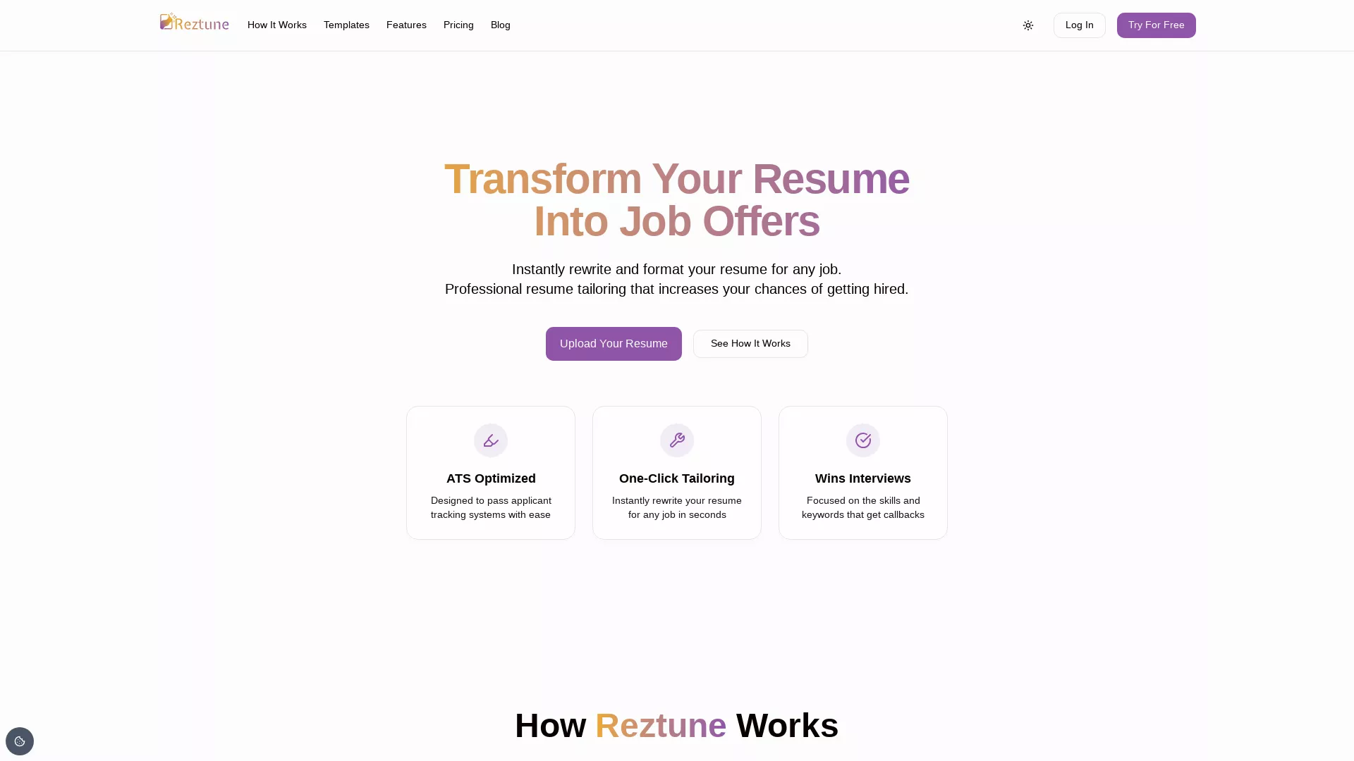 Reztune - AI Resume Tailoring Website Screenshot