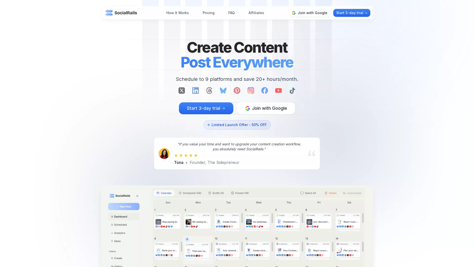 SocialRails - AI Social Media Scheduler Website Screenshot