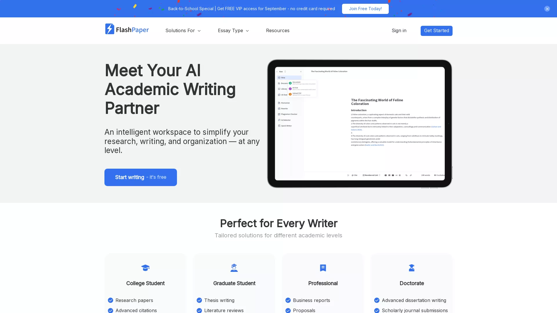 FlashPaper - AI Academic Writing Tool Website Screenshot