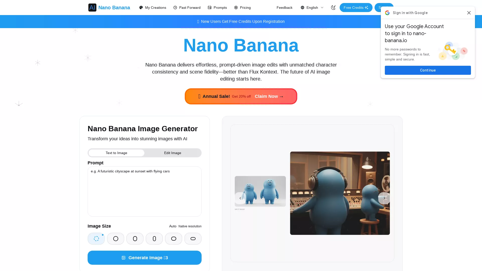 NanoBanana - AI Image Generation Tool Website Screenshot