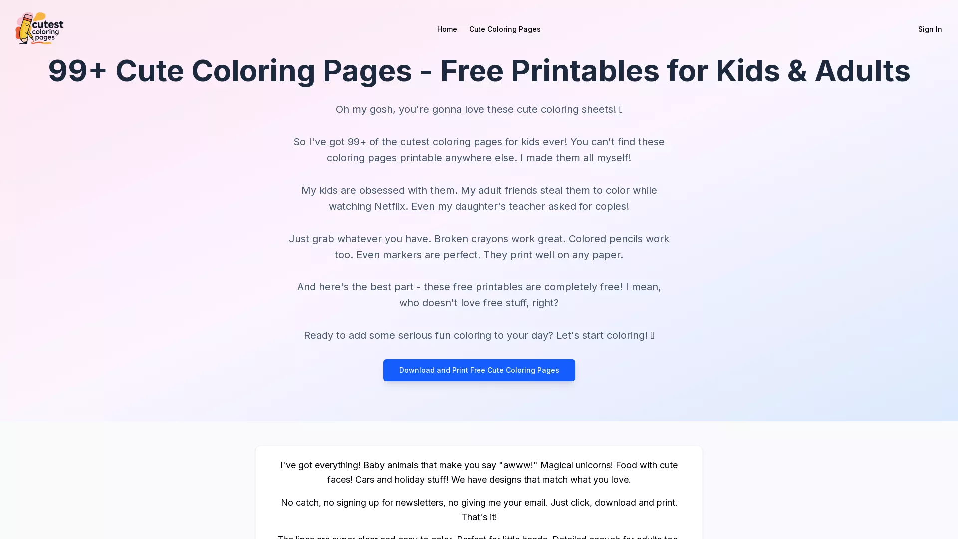 CutestColoringPages - AI Coloring Page Creator Website Screenshot
