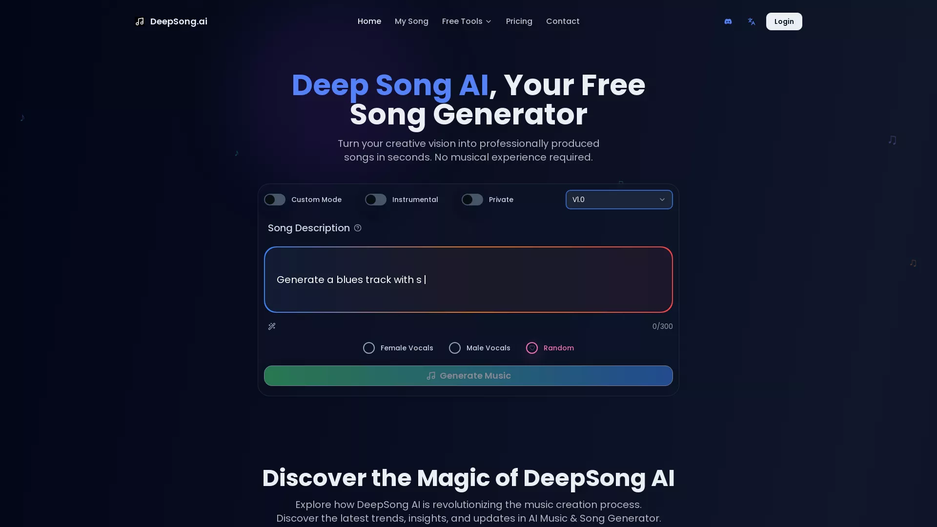 DeepSongAI - AI Music Generation Tool Website Screenshot