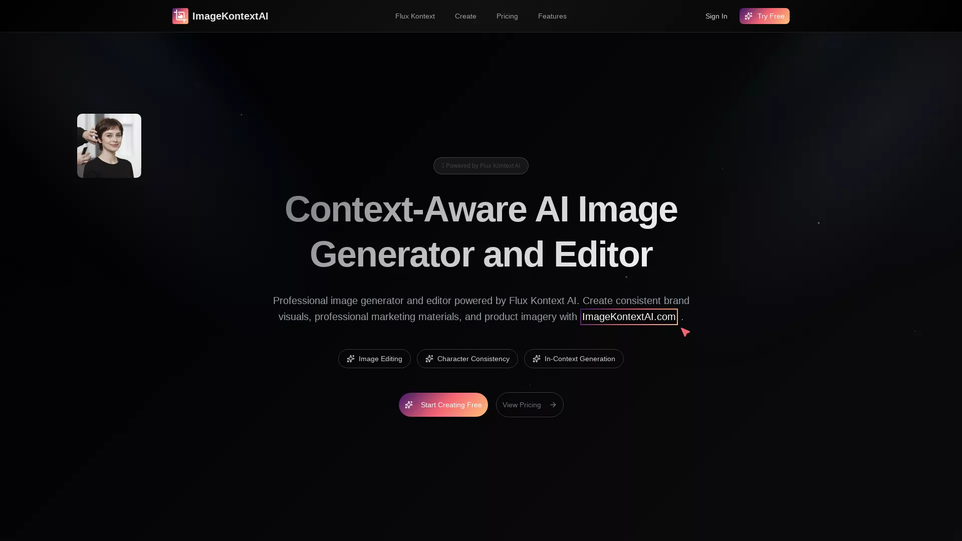 ImageKontextAI - AI Image Generation Tool Website Screenshot