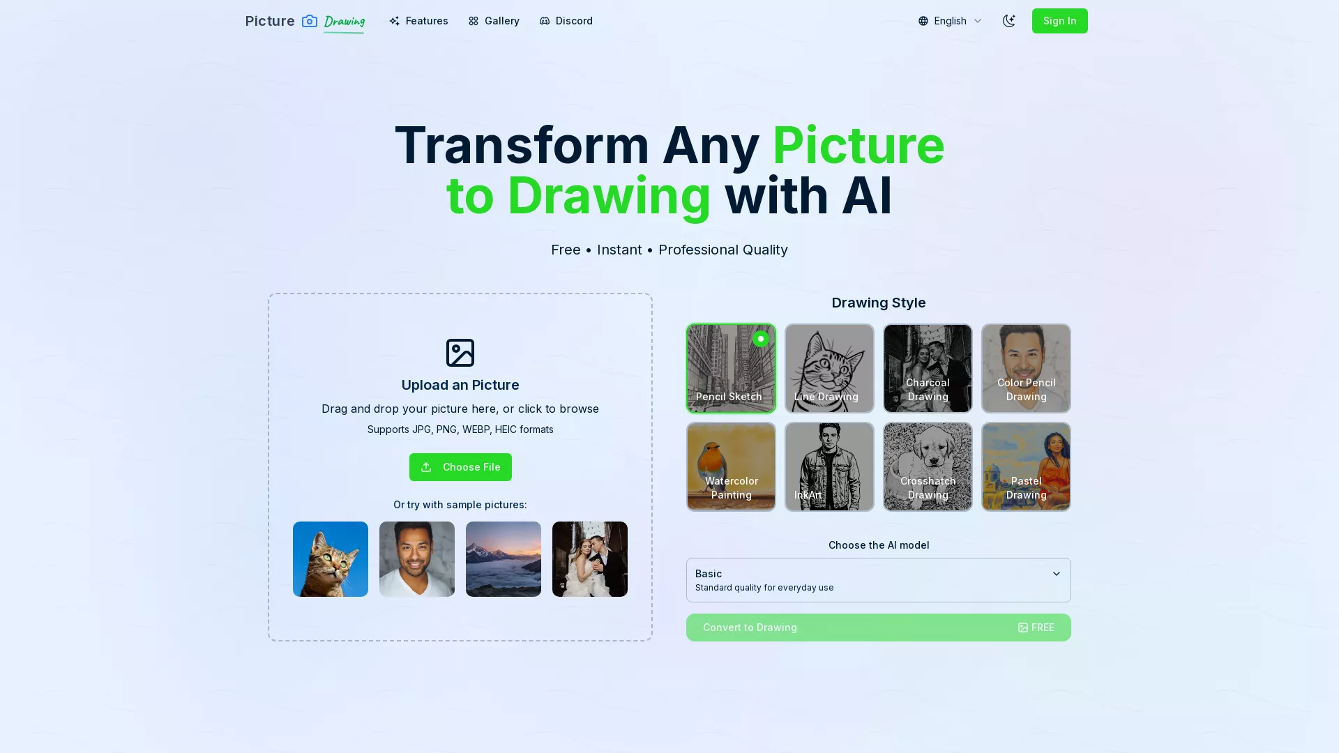 PictureToDrawing - AI Image Transformation Website Screenshot