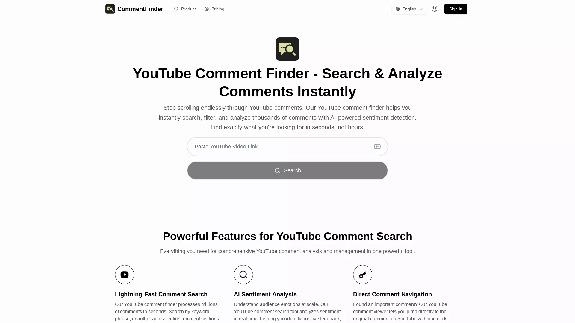 YouTubeCommentFinder - AI Comment Search Tool Website Screenshot