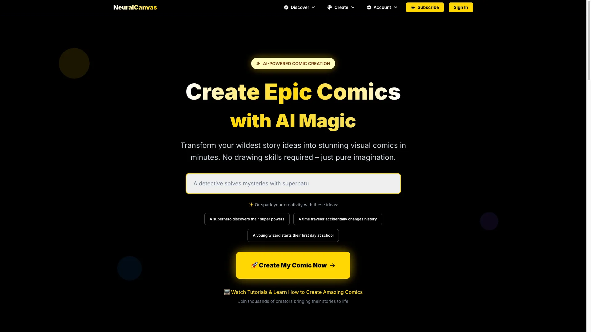Neuralcanvas - AI Comic Book Creator Website Screenshot
