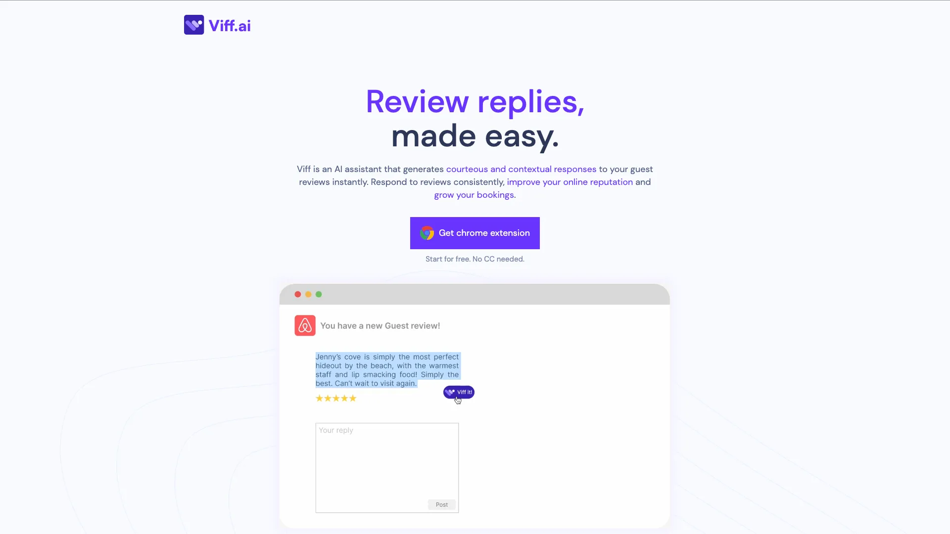 Viff - AI Review Response Chrome Plugin Website Screenshot