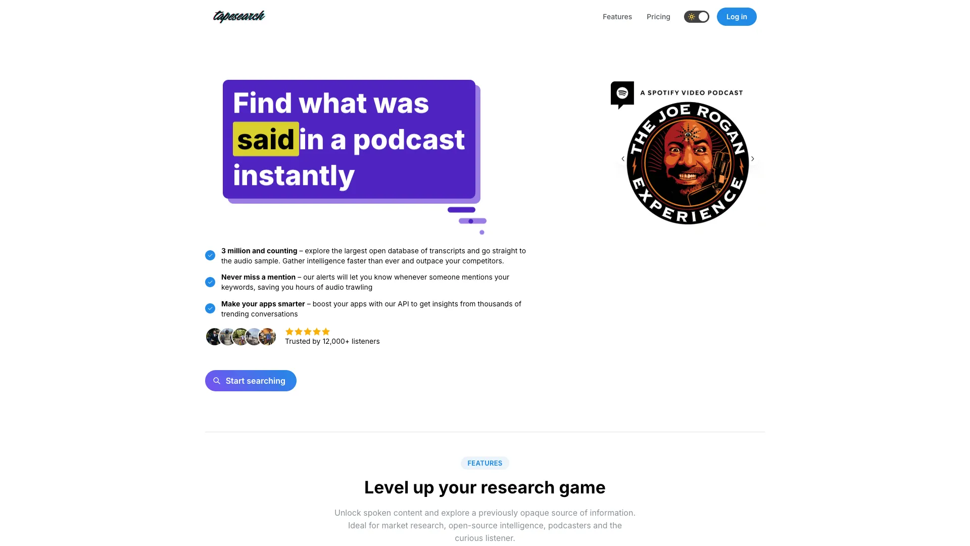 Tapesearch - AI Podcast Search Engine Website Screenshot