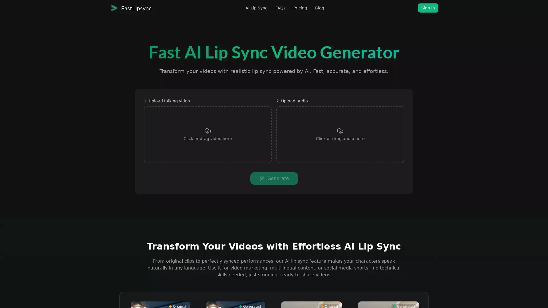 FastLipsync - AI Lip Sync Video Creator Website Screenshot