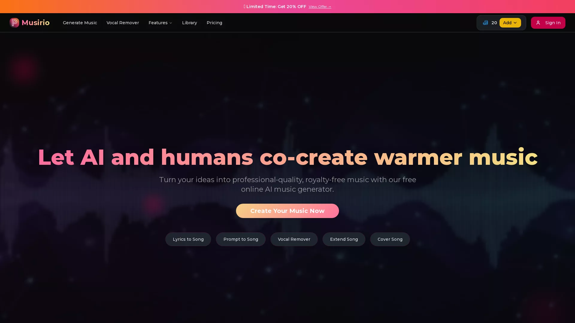 Musirio - AI Music Generation Platform Website Screenshot