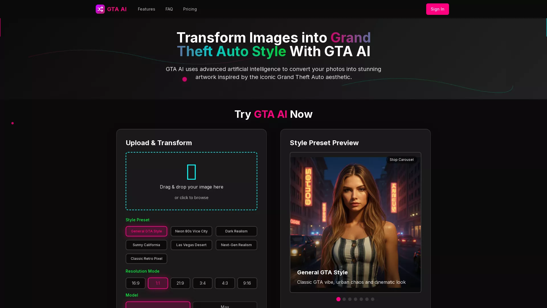 GTAAI - AI Image Transformation Website Screenshot