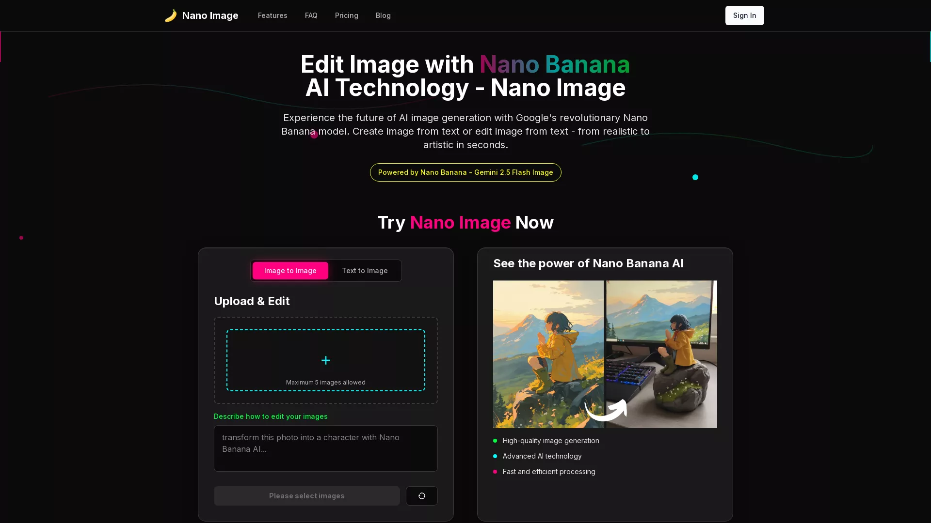 NanoImage - AI Image Editing Tool Website Screenshot