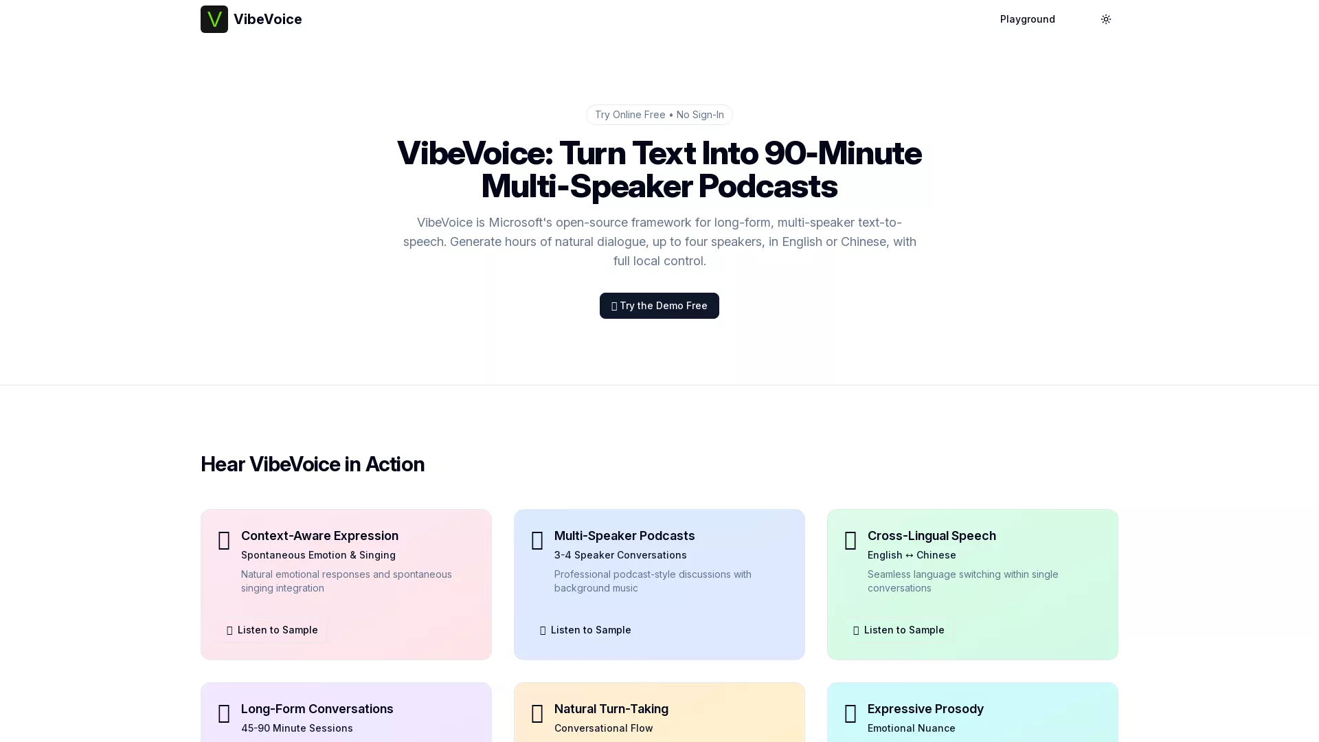 VibeVoice - AI TextToSpeech Generator Website Screenshot