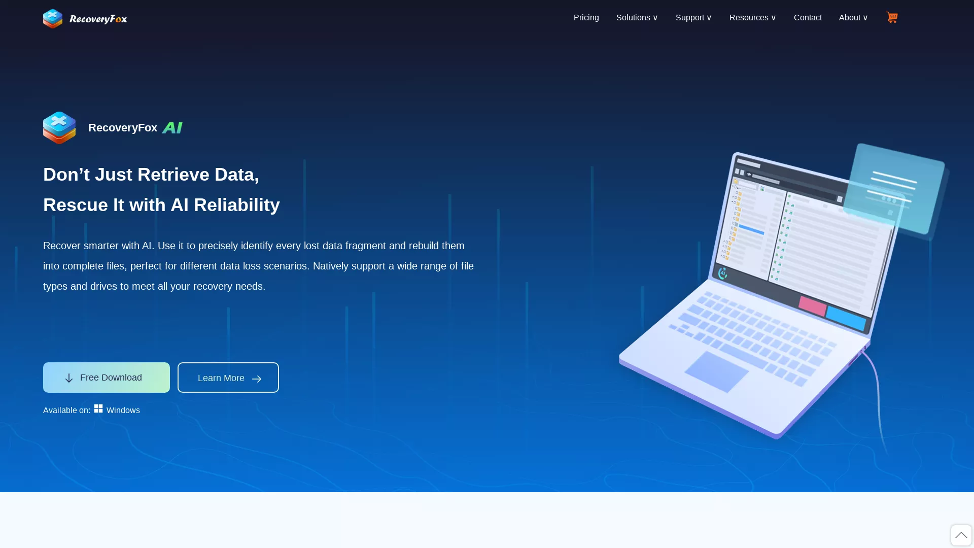RecoveryFoxAI - AI Data Recovery Software Website Screenshot