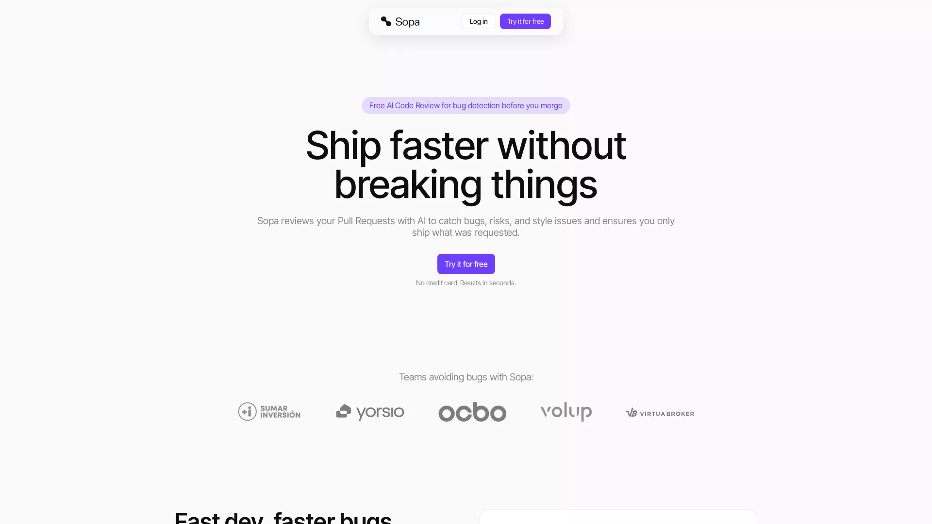 Sopa - AI Code Review Tool Website Screenshot