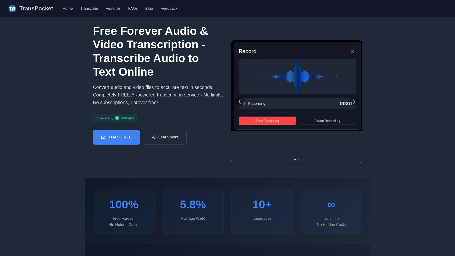 Transpocket - AI SpeechToTextPlatform Website Screenshot
