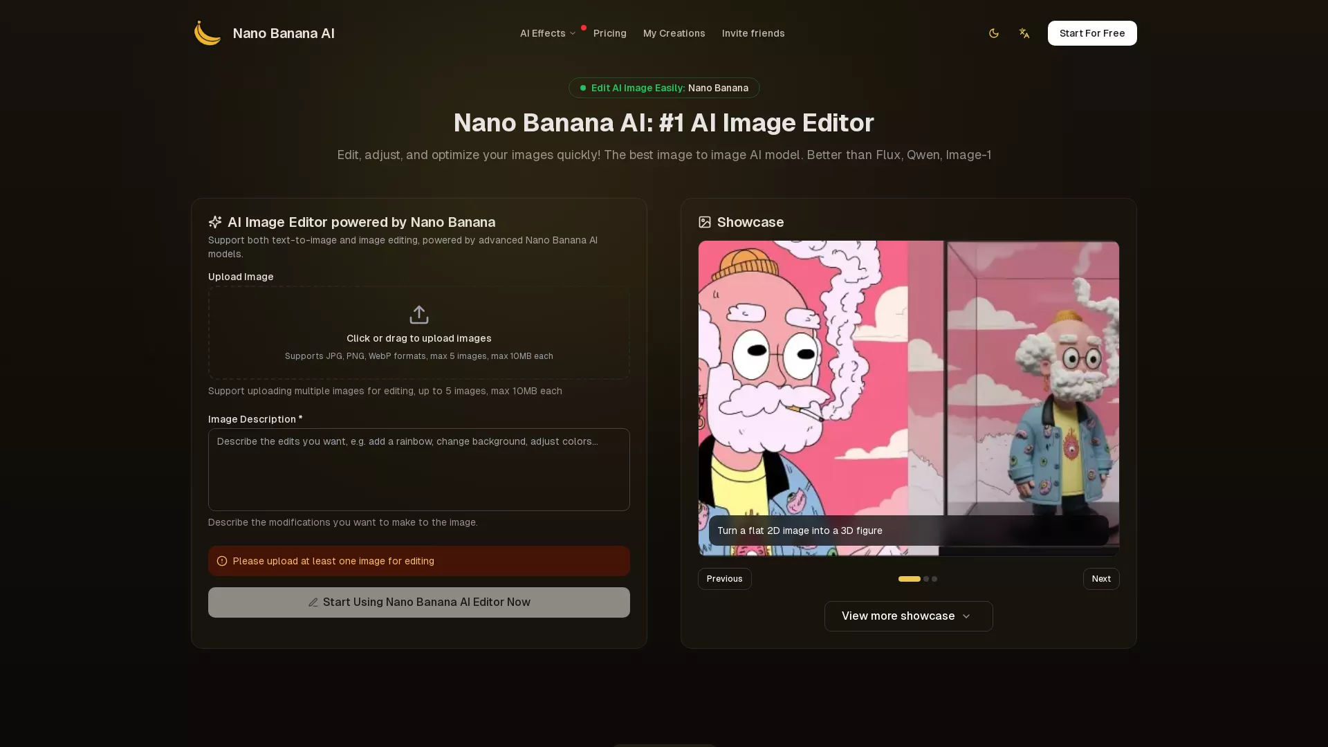 NanoBananaArt - Image Editing AI Website Screenshot