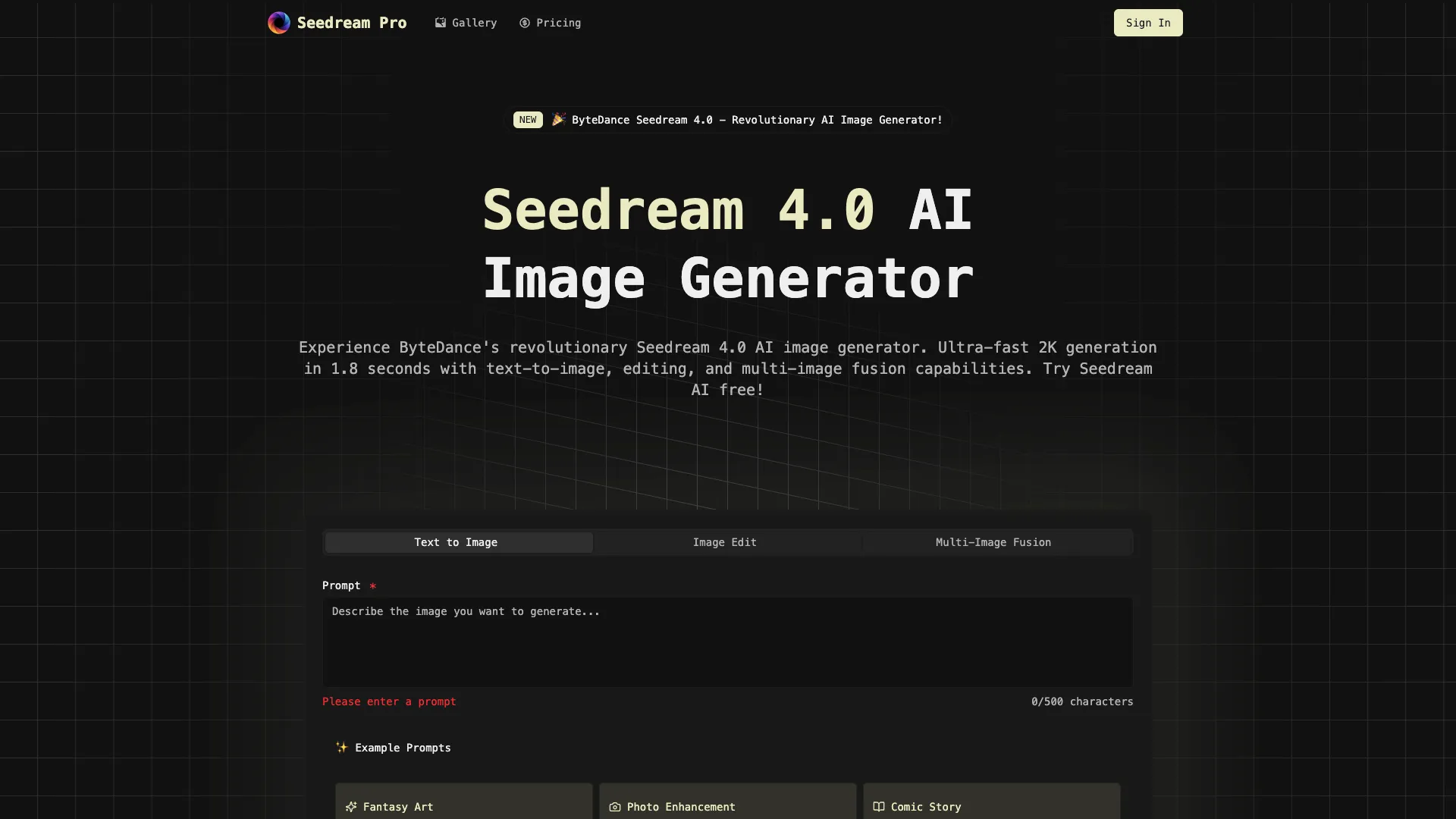 SeedreamPro - AI Seedream Image Generator Website Screenshot