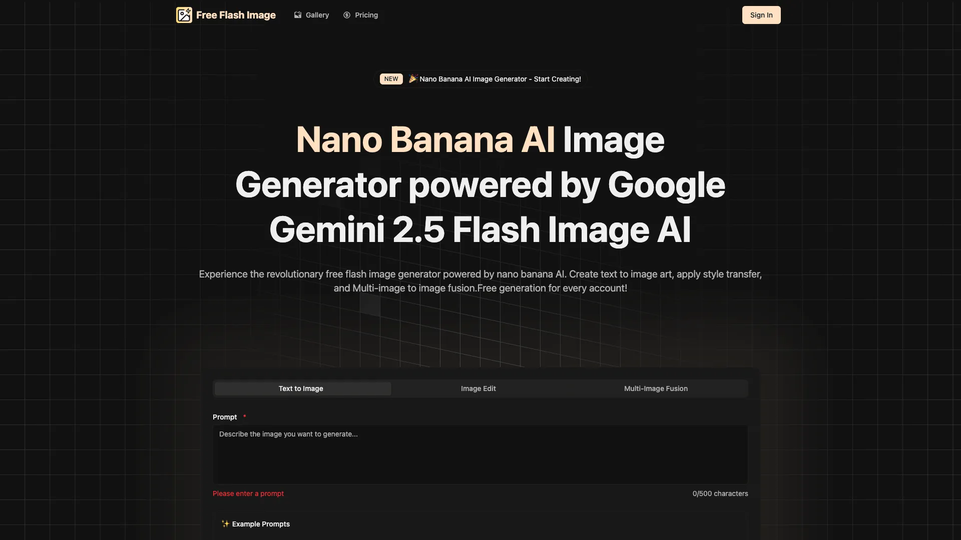 FreeFlashImage - Nano Banana AI Image Generator Website Screenshot
