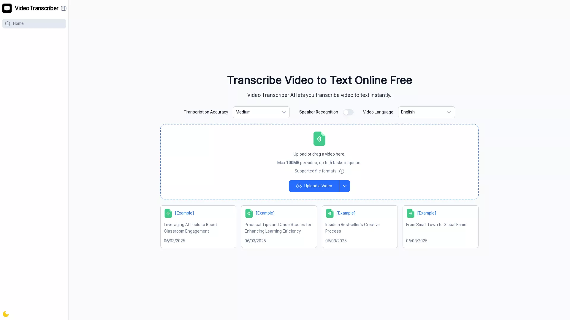 VideoTranscriberAI - Video Transcription Tool Website Screenshot