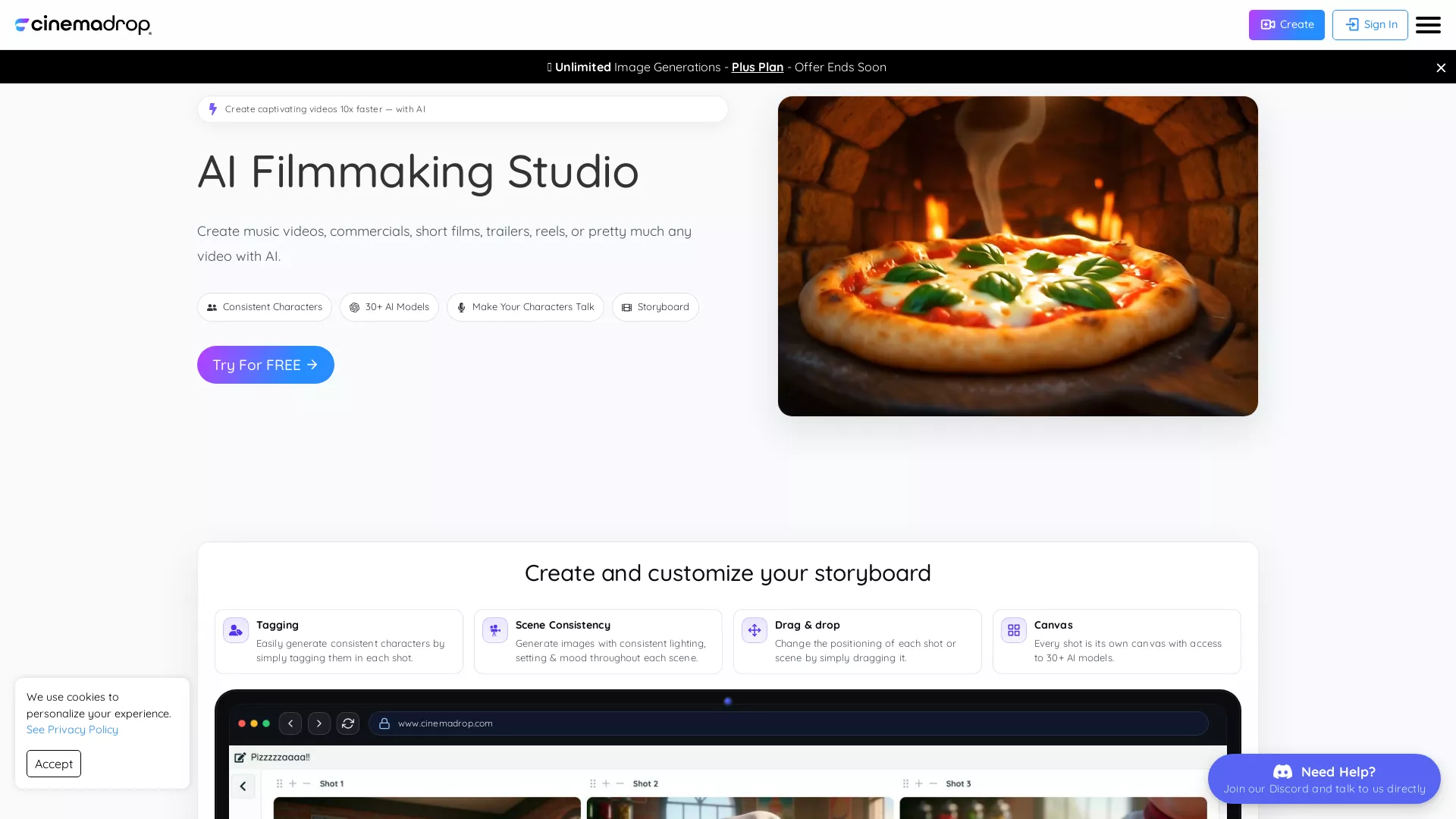 CinemaDrop - All-in-one AI filmmaking platform Website Screenshot
