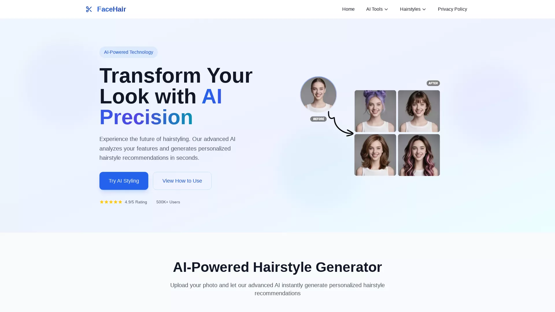 FaceHair - AI Hairstyle Generator Website Screenshot